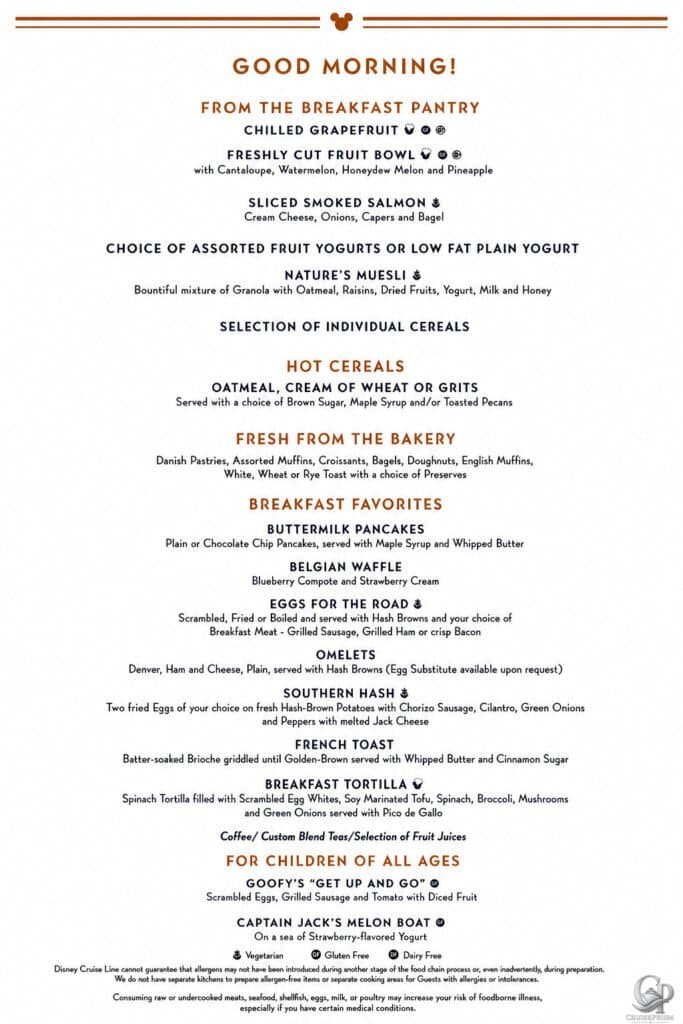 Disney Cruise Line Breakfast Menu aboard Disney Wonder