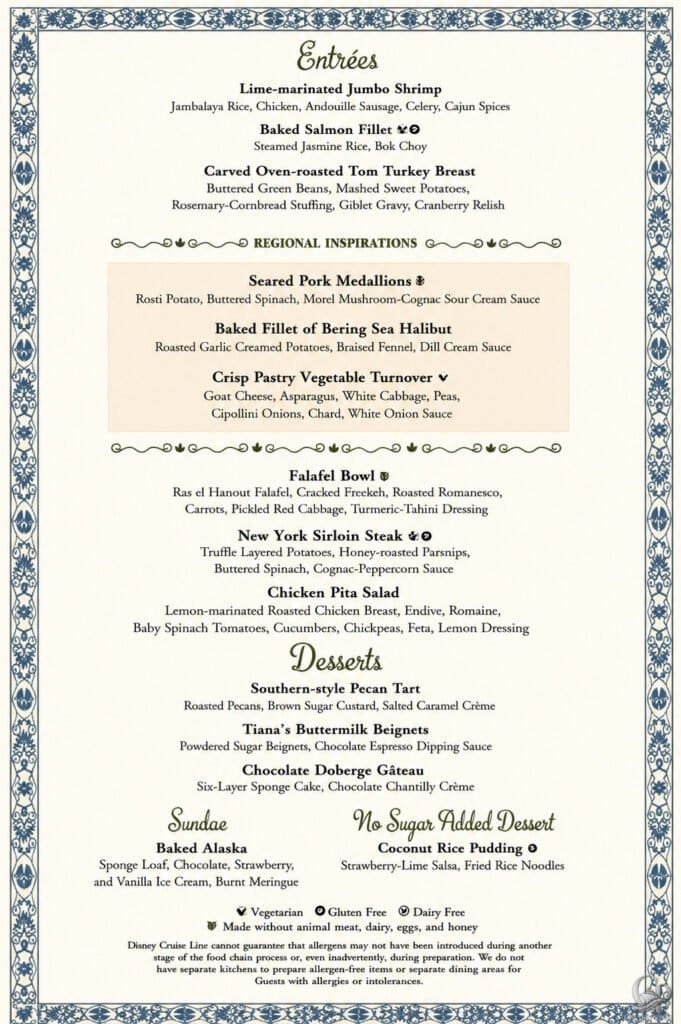 Disney Cruise Line 2026 Tiana’s Place menu aboard Disney Wonder