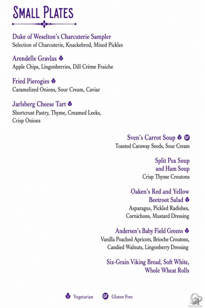 Disney Cruise Line 2026 Tiana’s Place Frozen Night menu aboard Disney Wonder