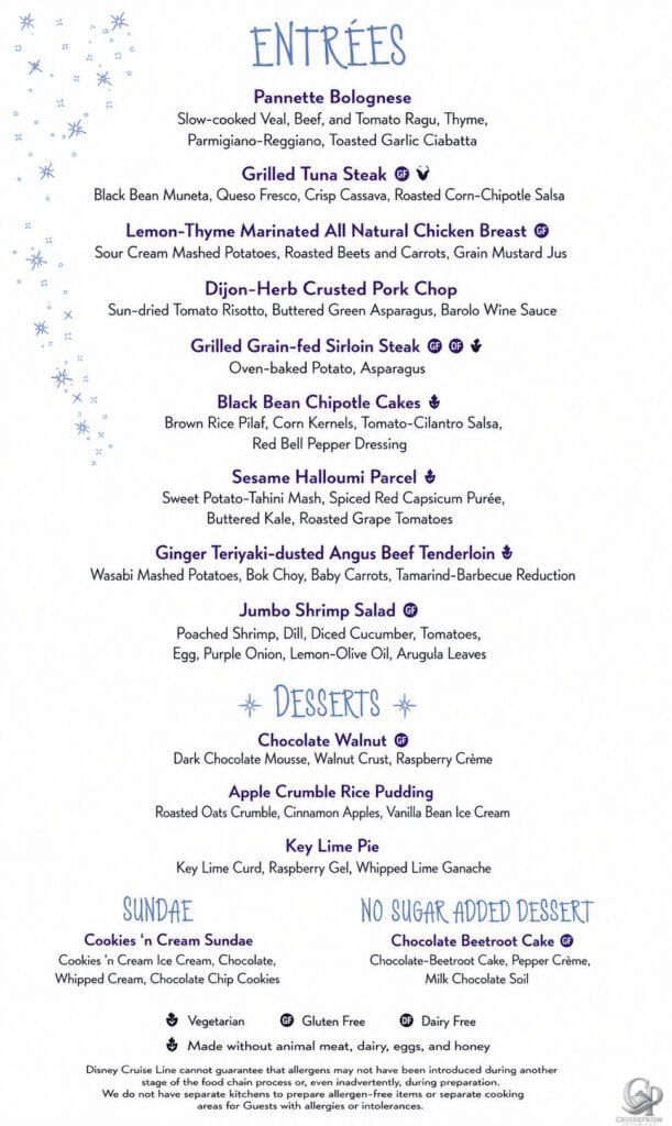 Disney Cruise Line 2026 Animator’s Palate Menu aboard Disney Wonder