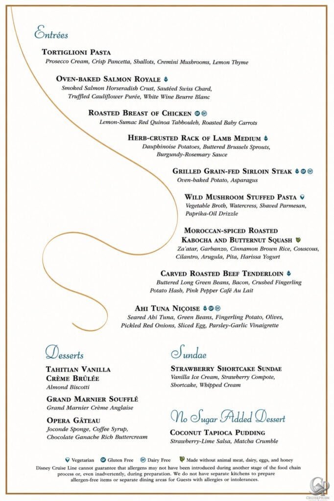 Disney Cruise Line 2026 Triton's Menu aboard Disney Wonder