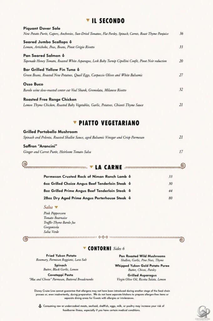 Disney Cruise Line 2026 Palo Menu aboard Disney Wonder