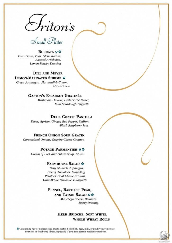 Disney Cruise Line 2026 Triton's Menu aboard Disney Wonder