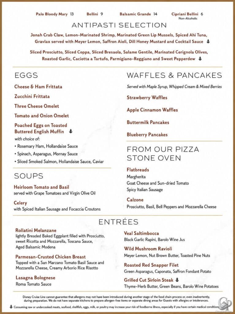 Disney Cruise Line 2026 Palo Brunch Menu aboard Disney Wonder