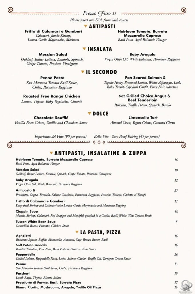 Disney Cruise Line 2026 Palo Menu aboard Disney Wonder