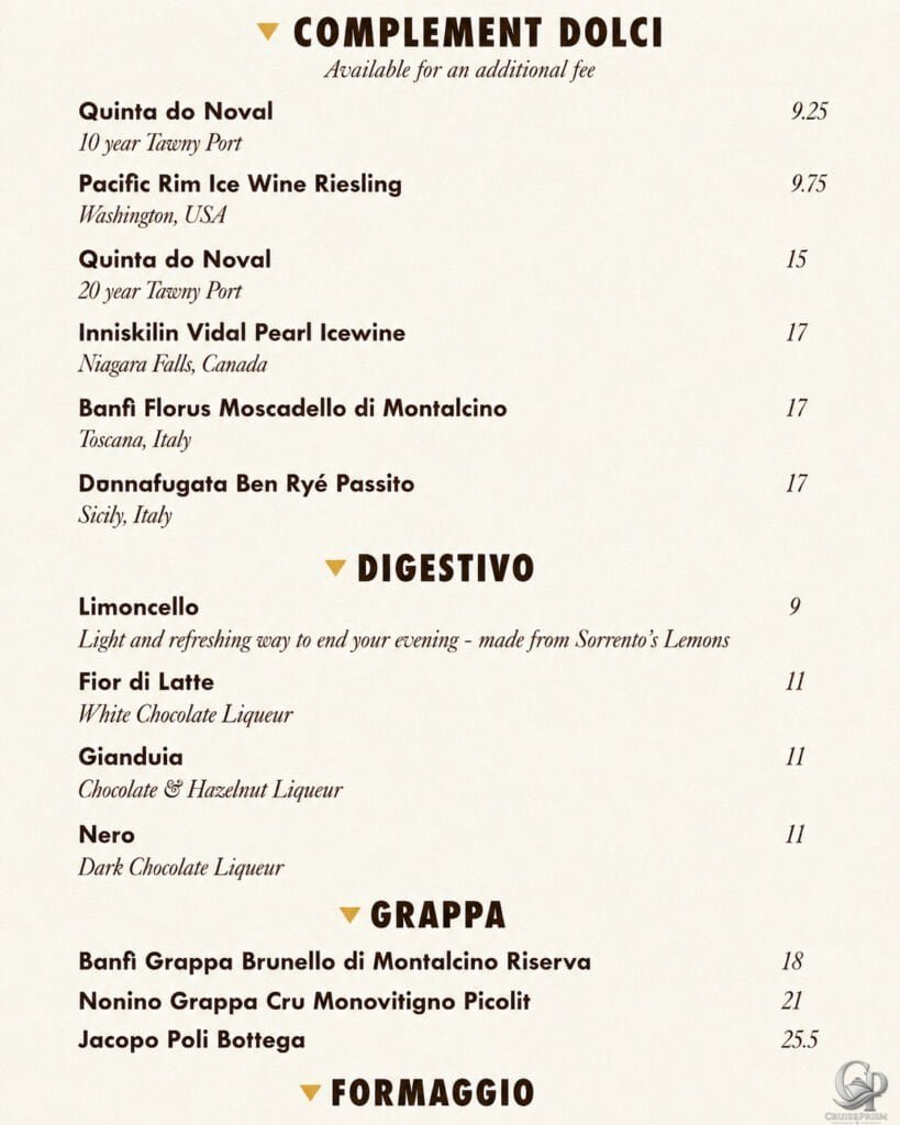 Disney Cruise Line 2026 Palo Dessert Wine & Grappa Prices aboard Disney Wonder