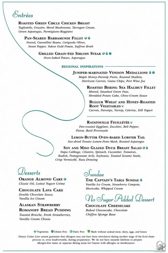 Disney Cruise Line 2026 Triton's Menu aboard Disney Wonder