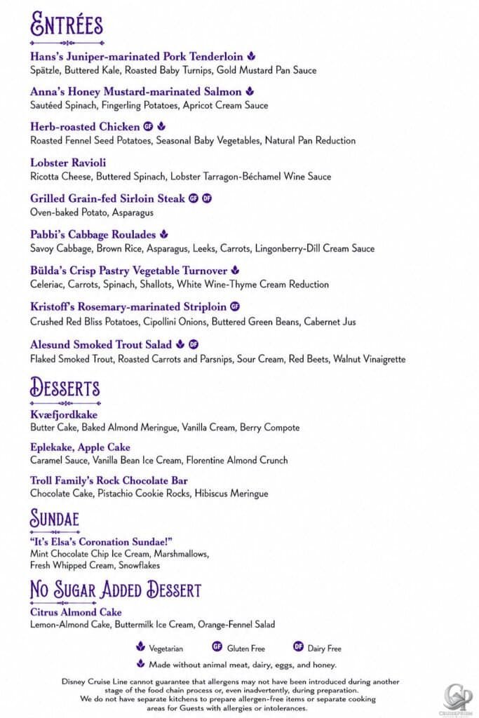 Disney Cruise Line 2026 Tiana’s Place Frozen Night menu aboard Disney Wonder