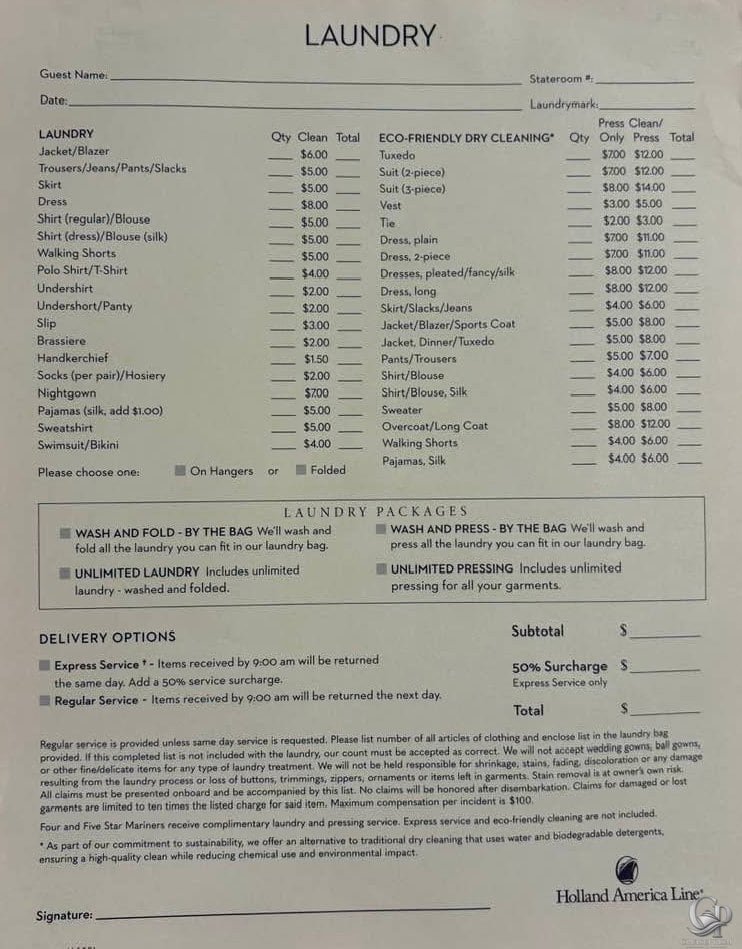 Holland America Laundry Prices Per Item