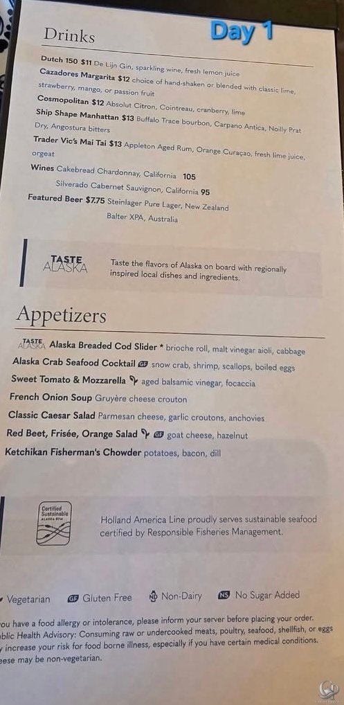 HAL Day 1 dinner menu