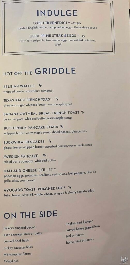 Holland America Breakfast Menu with griddle choices