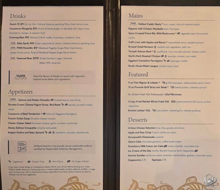 Holland America Menus (Breakfast, Brunch, Room Service & Dinner Guide)