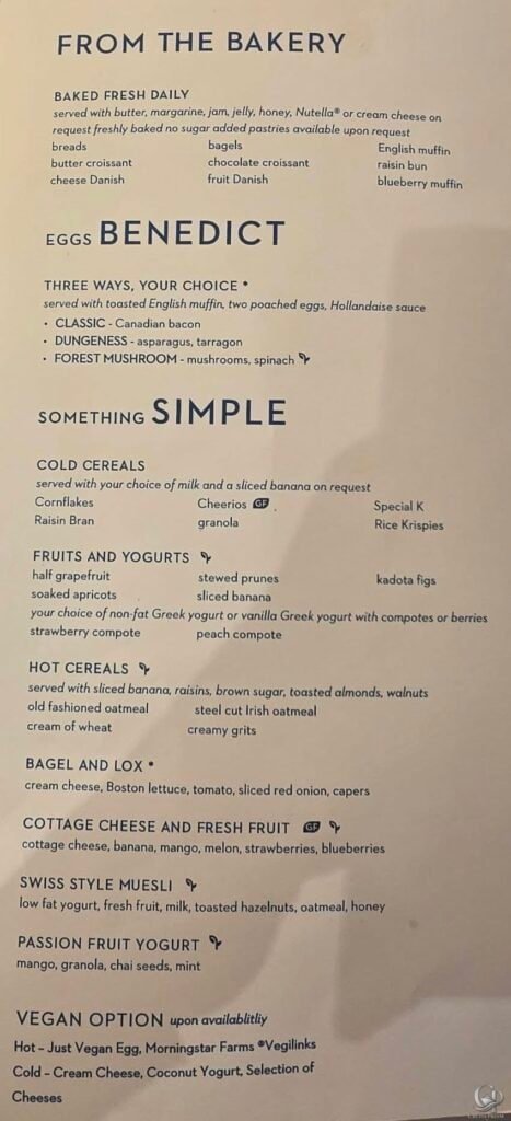 Holland America Breakfast Menu