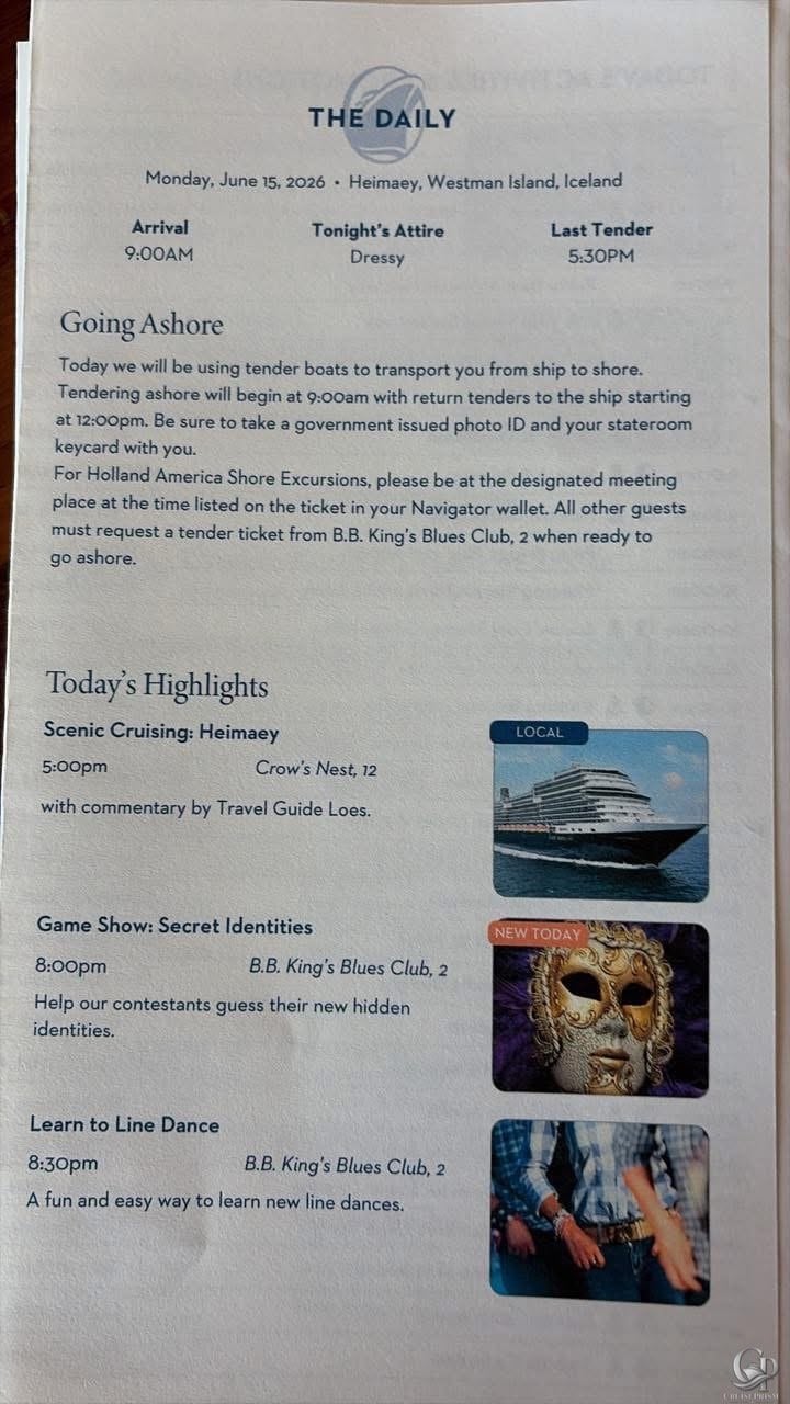 Holland America Rotterdam The Daily – Iceland & Scotland Cruise Daily Programs