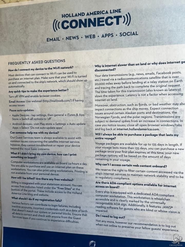 Holland America Connect FAQ brochure explaining WiFi, video calling, troubleshooting, and internet information.