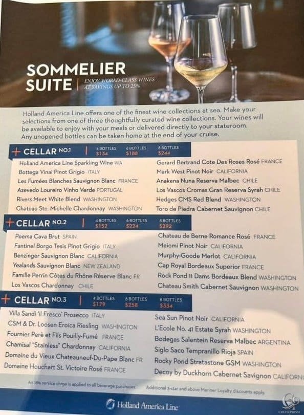 Holland America Sommelier Suite wine package menu with Cellar No. 1, Cellar No. 2, and Cellar No. 3 prices