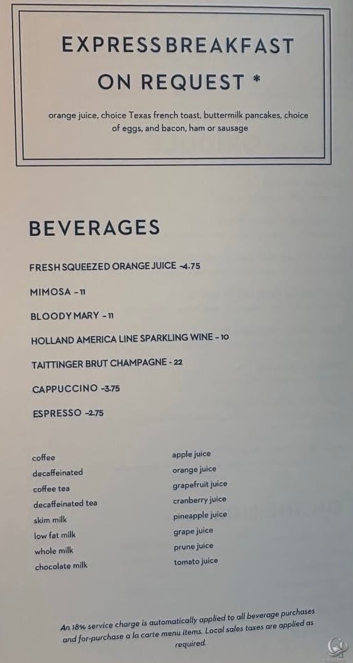 Holland America breakfast beverage menu with mimosa, Bloody Mary, cappuccino, espresso, and juice prices