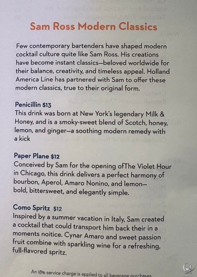 Holland America Sam Ross Modern Classics cocktail menu with Penicillin, Paper Plane, and Como Spritz prices