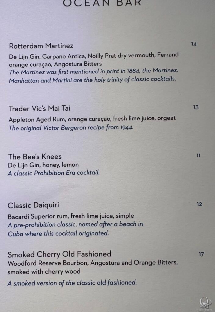 Holland America Ocean Bar cocktail menu with Rotterdam Martinez, Mai Tai, Bee’s Knees, Daiquiri, and Old Fashioned prices