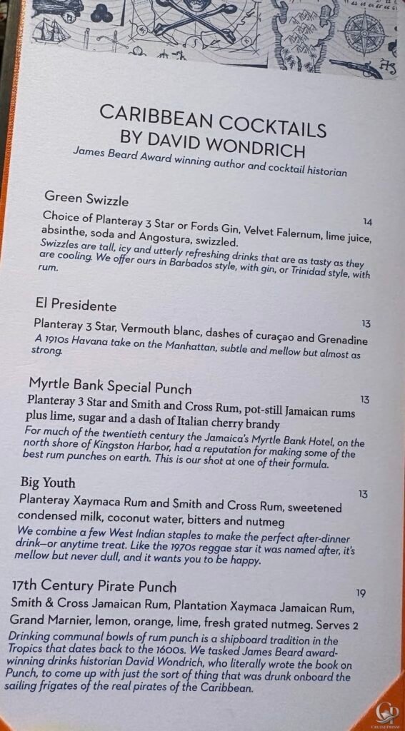 Holland America Caribbean Cocktails by David Wondrich menu with drink prices