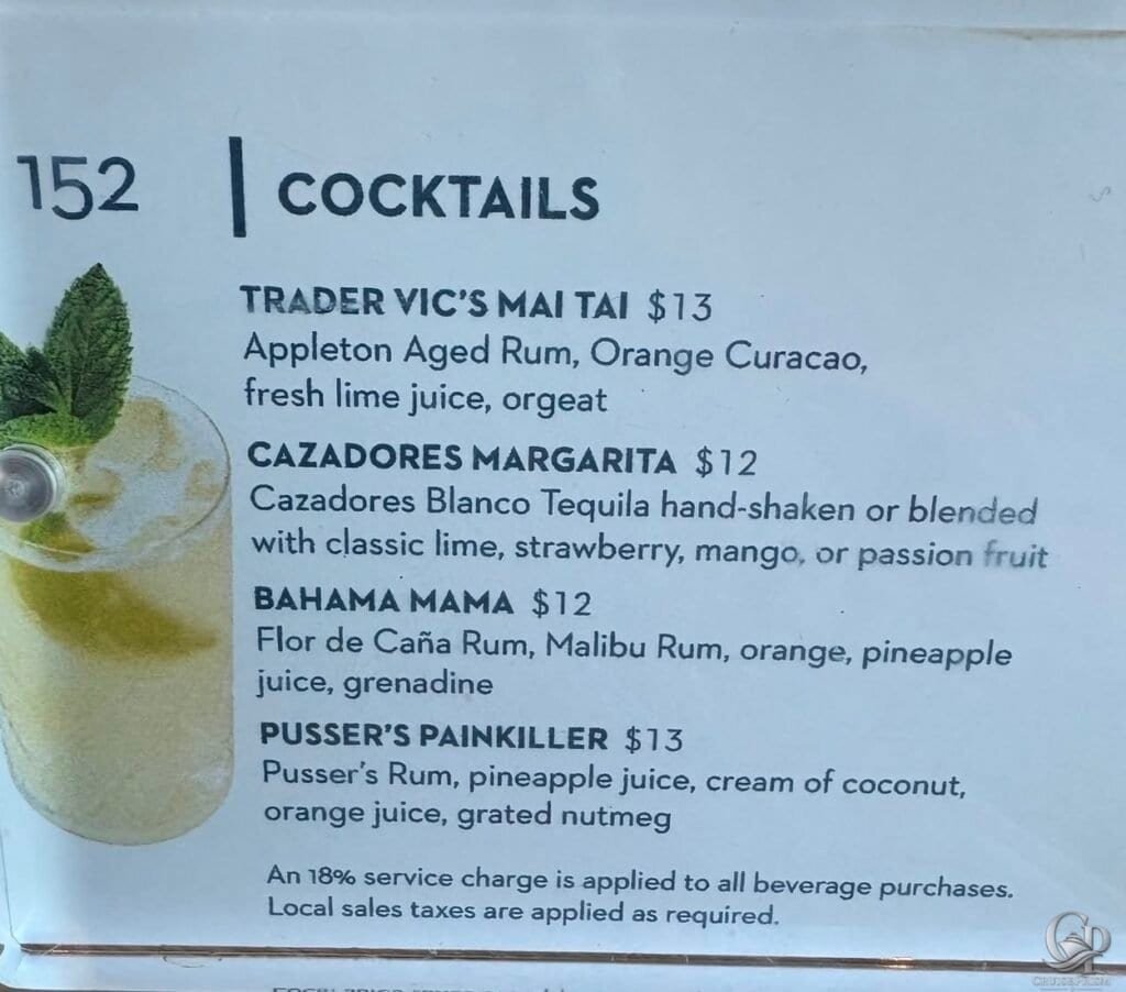 Holland America cocktail menu with Mai Tai, margarita, Bahama Mama, and Painkiller prices