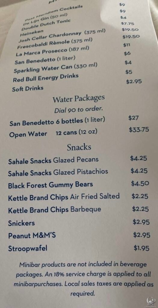 Holland America minibar prices with wine, beer, water, soda, Red Bull, and snacks