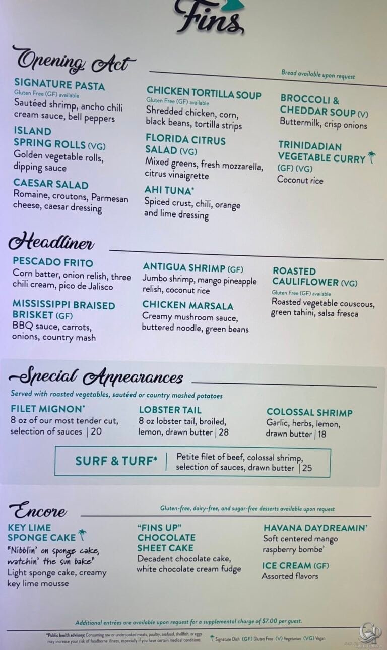Margaritaville at Sea Menus: Fins Dining Room, Far Side Sushi & JWB Prime Steakhouse