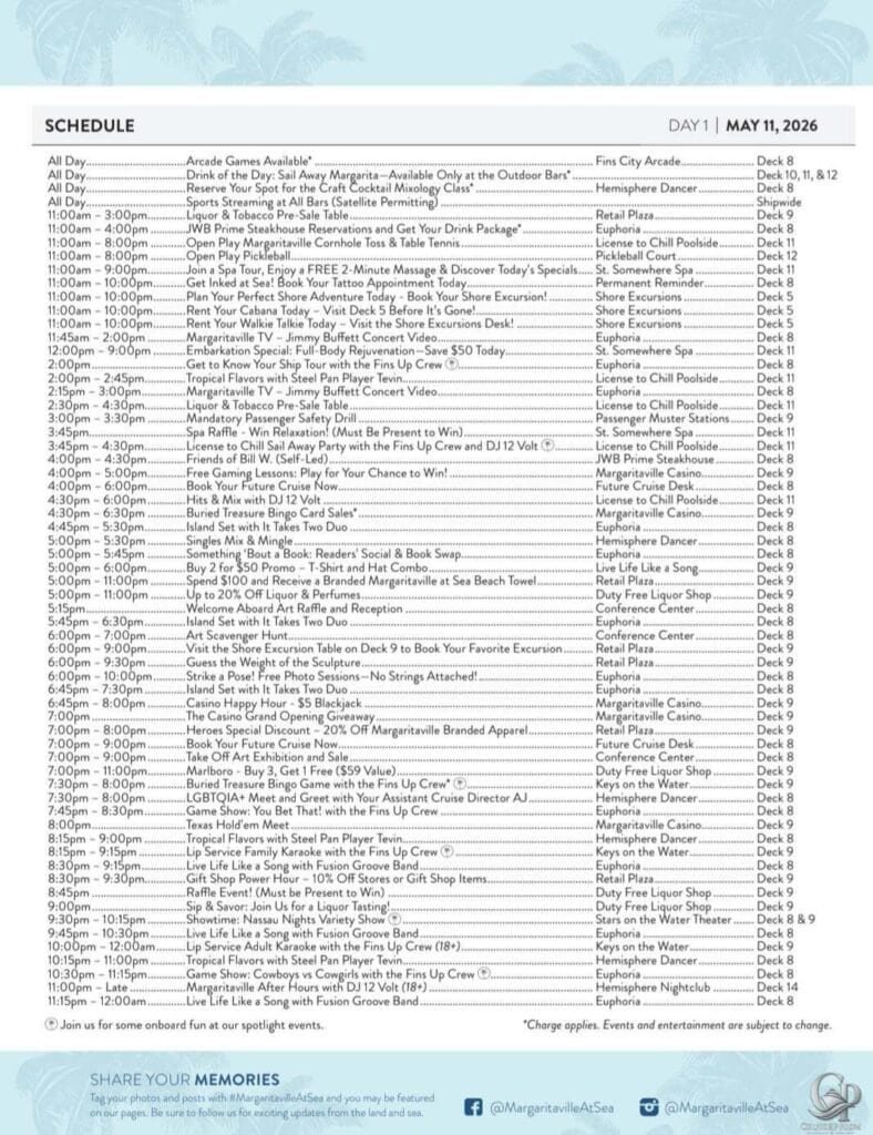 Margaritaville at Sea Paradise complete Day 1 daily schedule