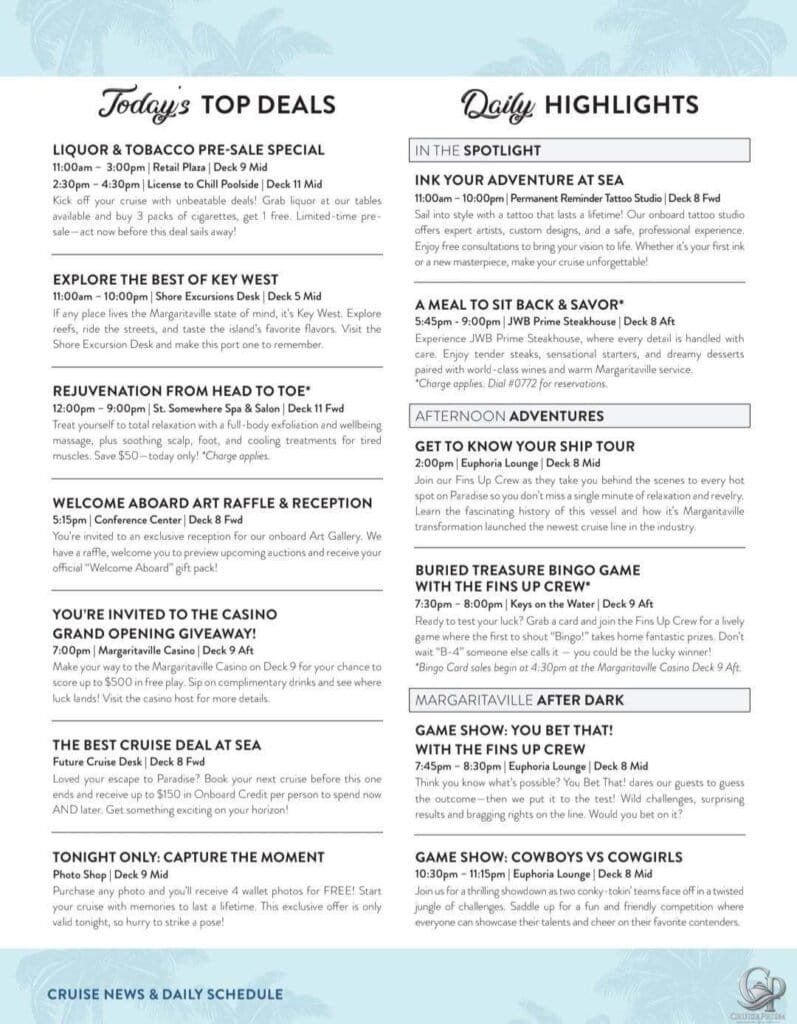 Margaritaville at Sea Paradise welcome letter and daily planner