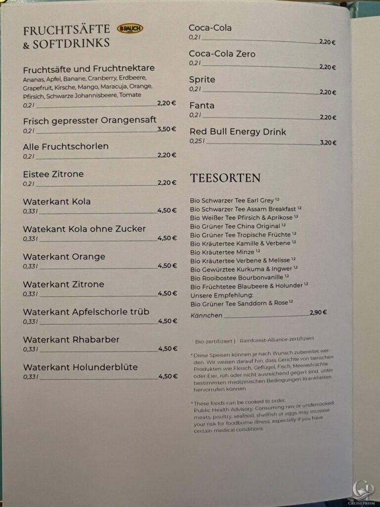 Mein Schiff Diamant Service Softdrinks, Säfte und Tee Preise