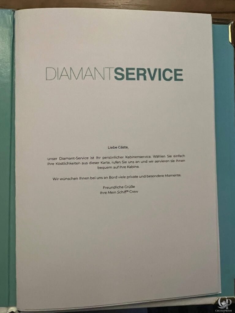 Mein Schiff Diamant Service Speisekarte für den Kabinenservice