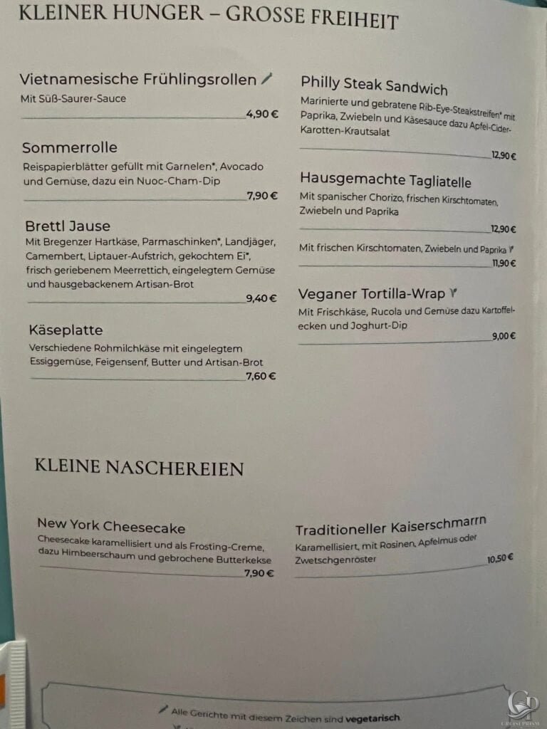 Mein Schiff Diamant Service Speisekarte mit Snacks und Desserts