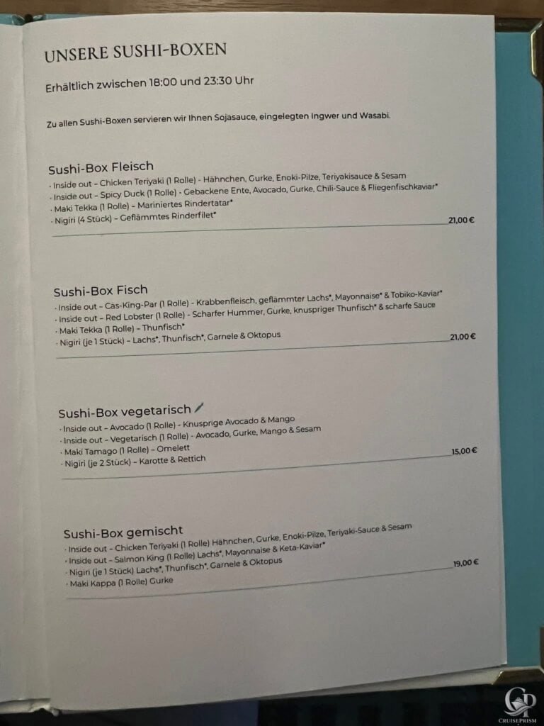 Mein Schiff Diamant Service Sushi Speisekarte und Preise