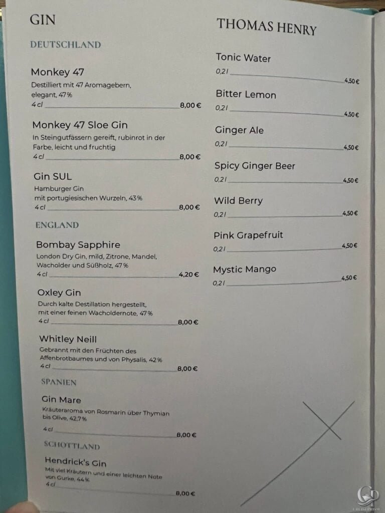 Mein Schiff Diamant Service Gin Karte mit Premium Spirituosen