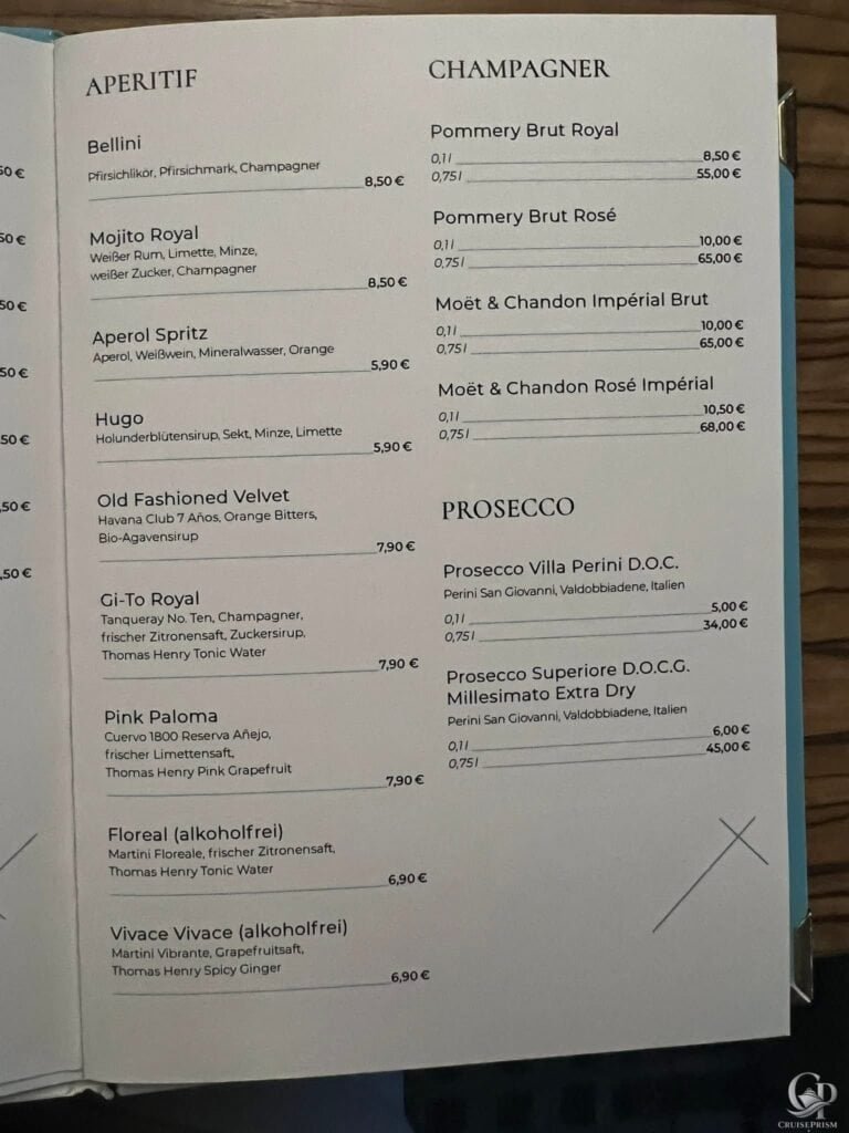 Mein Schiff Diamant Service: Speisekarte, Kabinenservice & Getränkepreise
