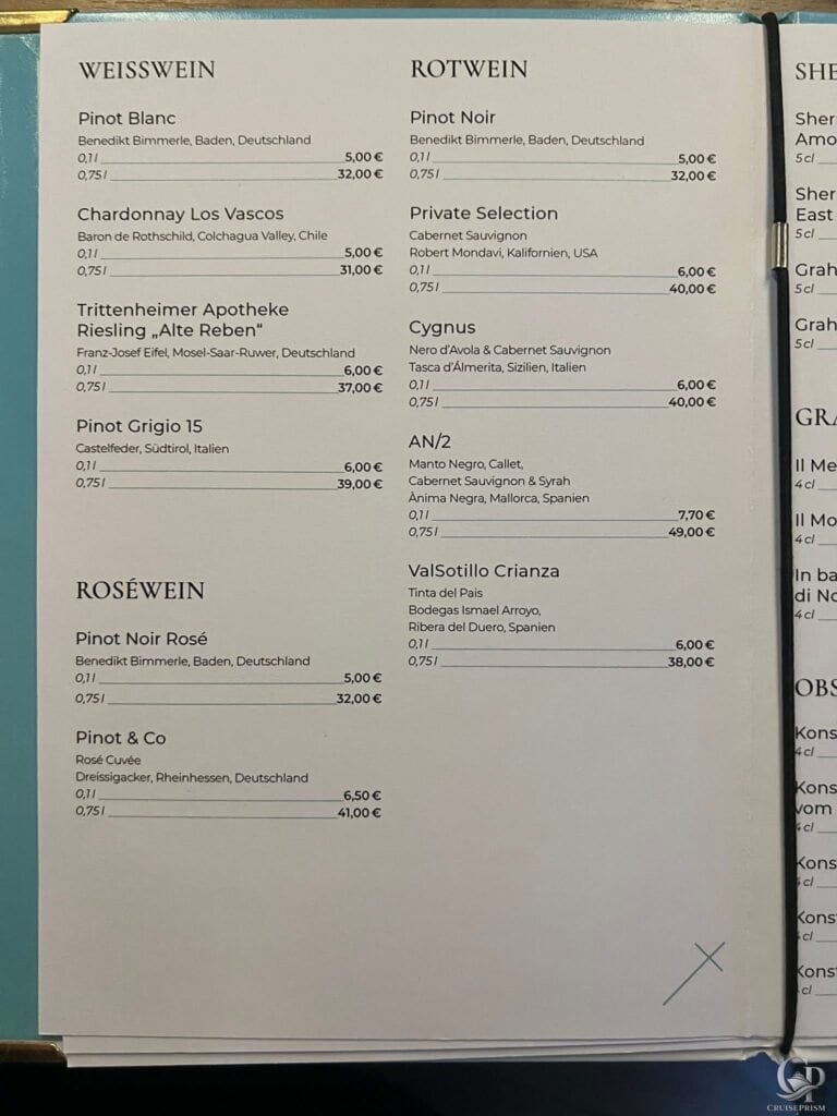 Mein Schiff Diamant Service Wein Speisekarte mit Weißwein und Rotwein