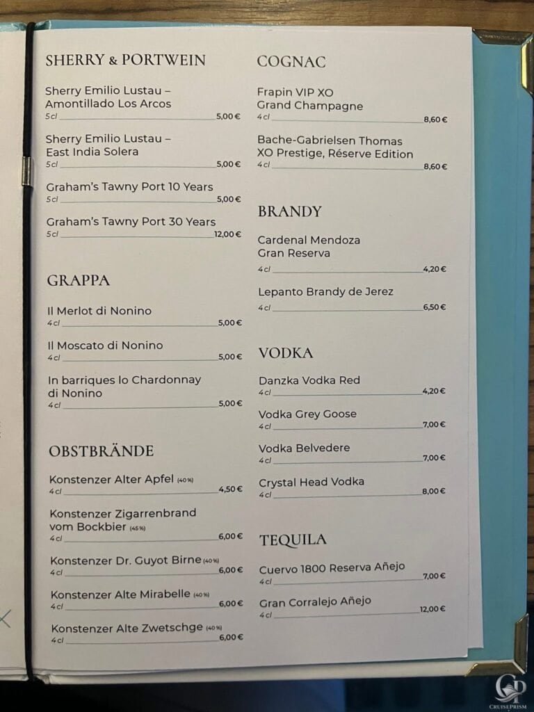 Mein Schiff Diamant Service Getränkekarte mit Sherry, Cognac, Vodka und Tequila Preisen