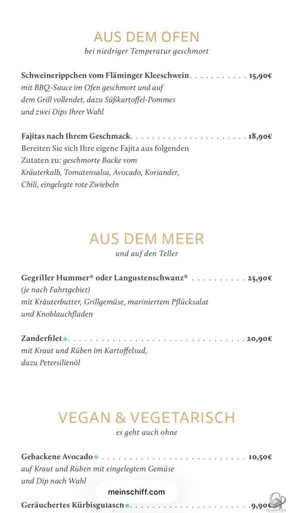 Mein Schiff Atlantik Restaurant Mittagskarte mit Spare Ribs, Fajitas, Zanderfilet und vegetarischen Gerichten