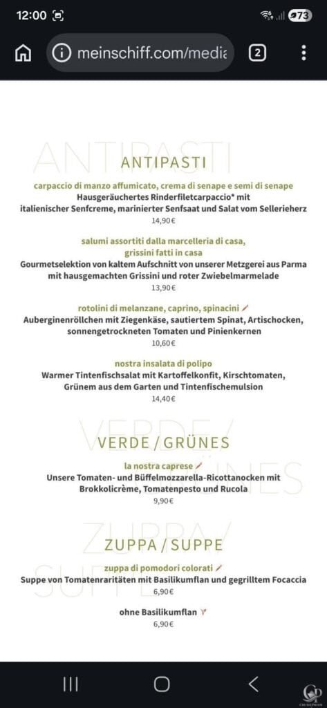Mein Schiff Atlantik Restaurant Speisekarte mit Antipasti, Carpaccio, Parmaschinken und Vorspeisen