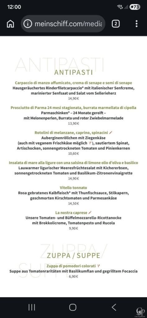 Mein Schiff Atlantik Restaurant Mittagskarte mit Antipasti, Vitello Tonnato und mediterranen Vorspeisen