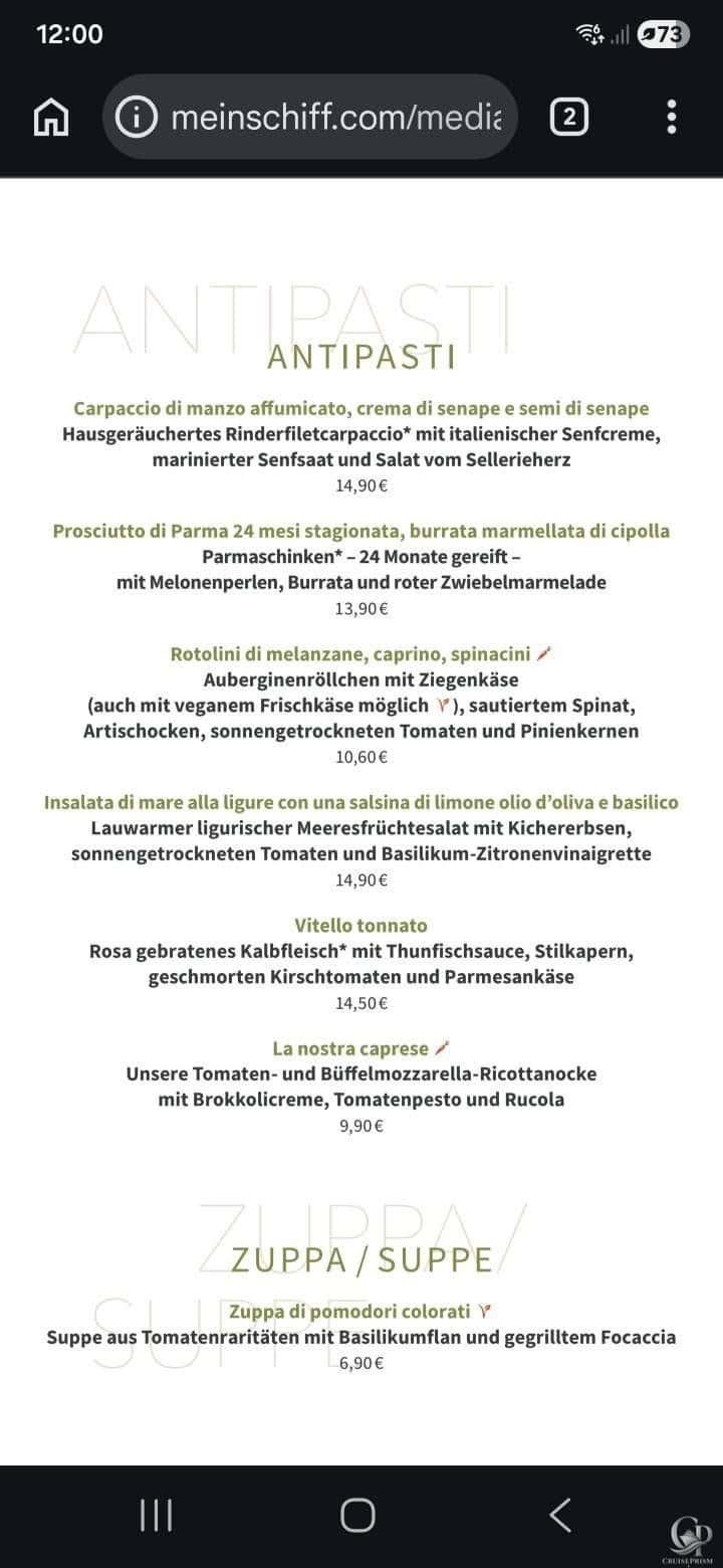 Mein Schiff Menüs Atlantik Restaurant: Frühstück, Speisekarten & Fotos