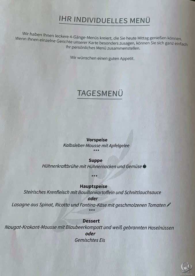 Mein Schiff Atlantik Restaurant Tagesmenü mit Vorspeise, Suppe, Hauptgericht und Dessert
