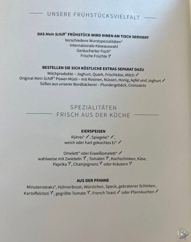 Mein Schiff Atlantik Restaurant Frühstückskarte mit Eiergerichten, Omeletts und warmen Frühstücksspezialitäten