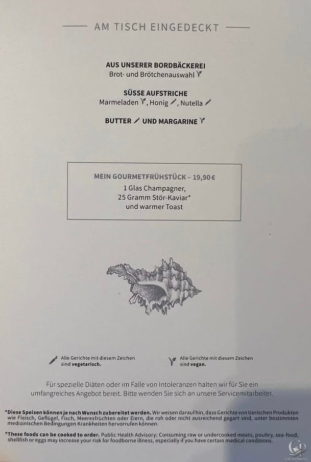 Mein Schiff Atlantik Restaurant Gourmetfrühstück mit Champagner und Störkaviar gegen Aufpreis