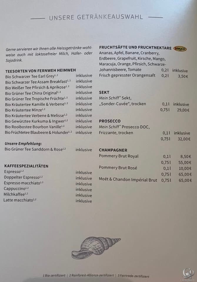 Mein Schiff Atlantik Restaurant Getränkekarte mit Kaffee, Tee, Säften, Prosecco und Champagner