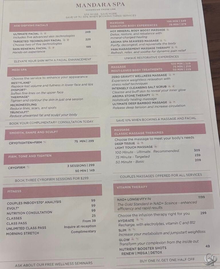 Norwegian Cruise Line Spa Prices & Mandara Spa Guide
