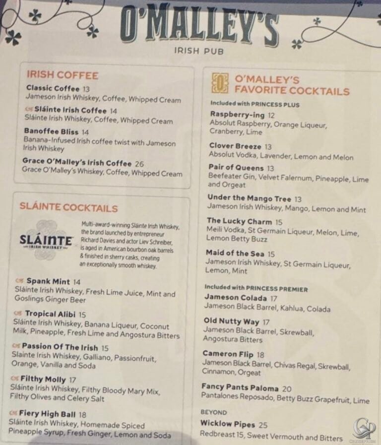 Princess Cruises Drink Menus & Bar Prices