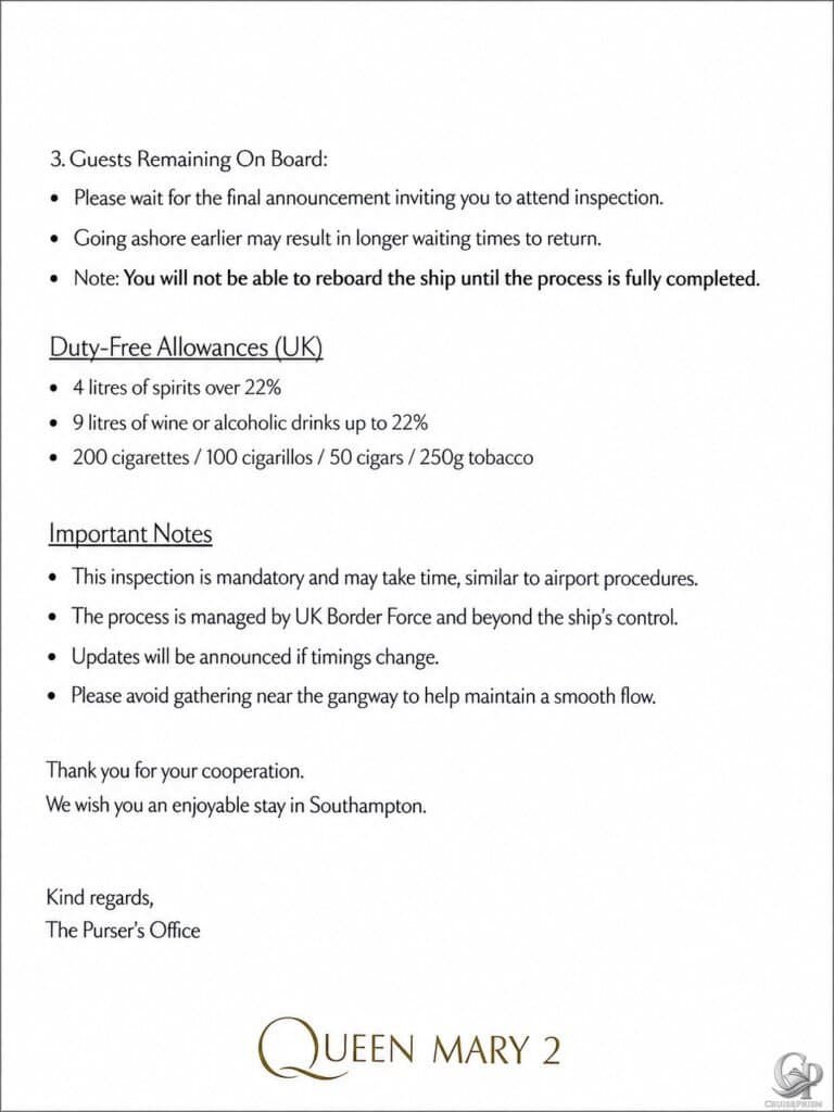 Queen Mary 2 United Kingdom immigration notice showing duty-free allowances, important notes, and instructions for passengers remaining onboard.
