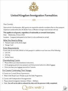 Queen Mary 2 UK Immigration Process in Southampton (2026 Onboard Notice)