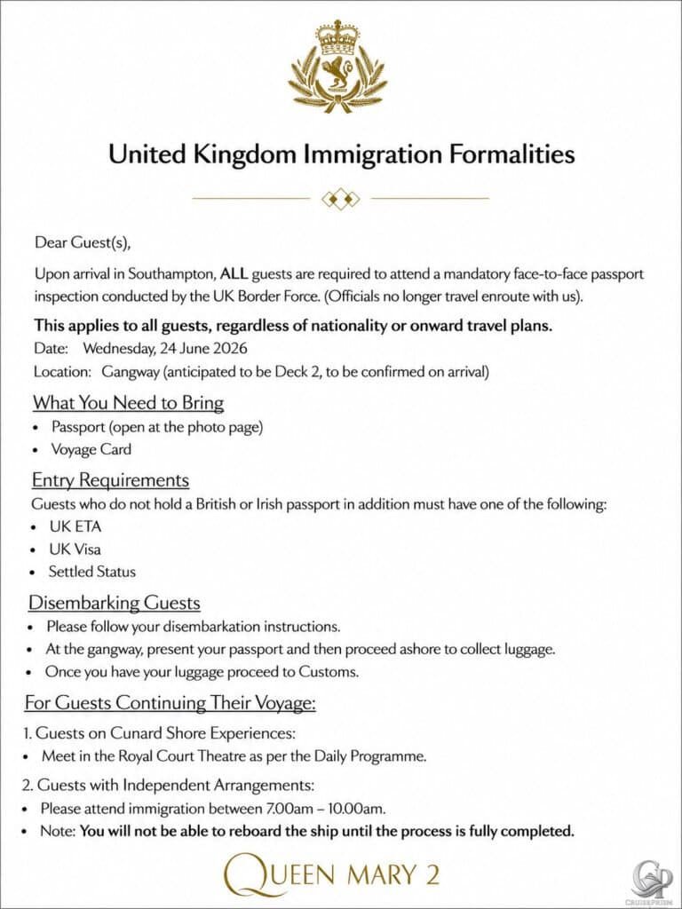 Queen Mary 2 UK Immigration Process in Southampton (2026 Onboard Notice)